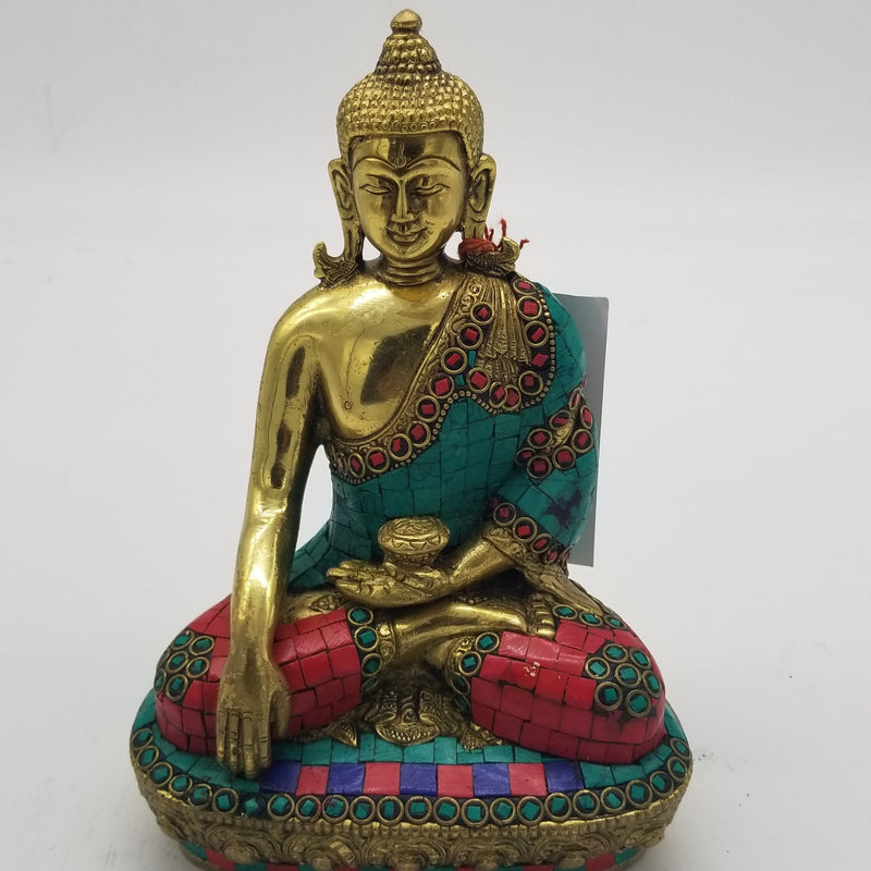 9 inch H Solid Brass Buddha with Stonework