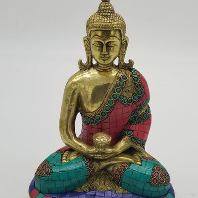 9 inch H Solid Brass Buddha with Stonework