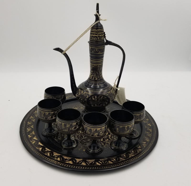 Brass Arabic Tea Set of 8 Black Aftaba