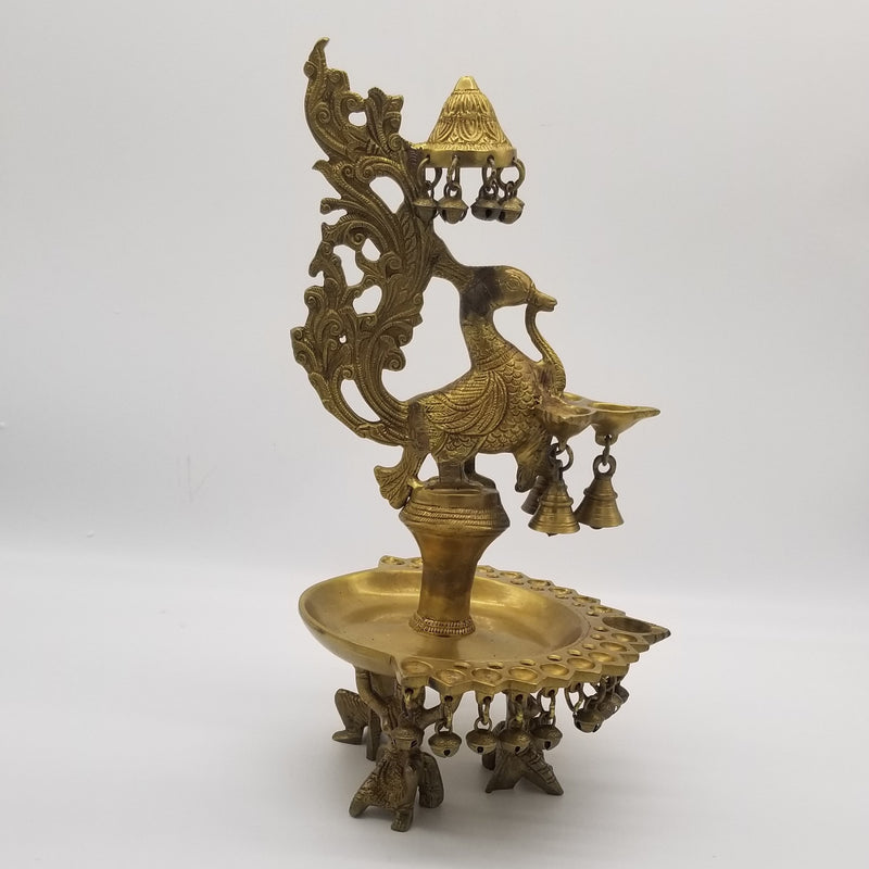 Brass Peacock Oil Lamp with Bells
