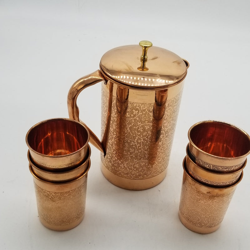 1.5 Liter Handcrafted embossed Copper Jug with 6 Glasses