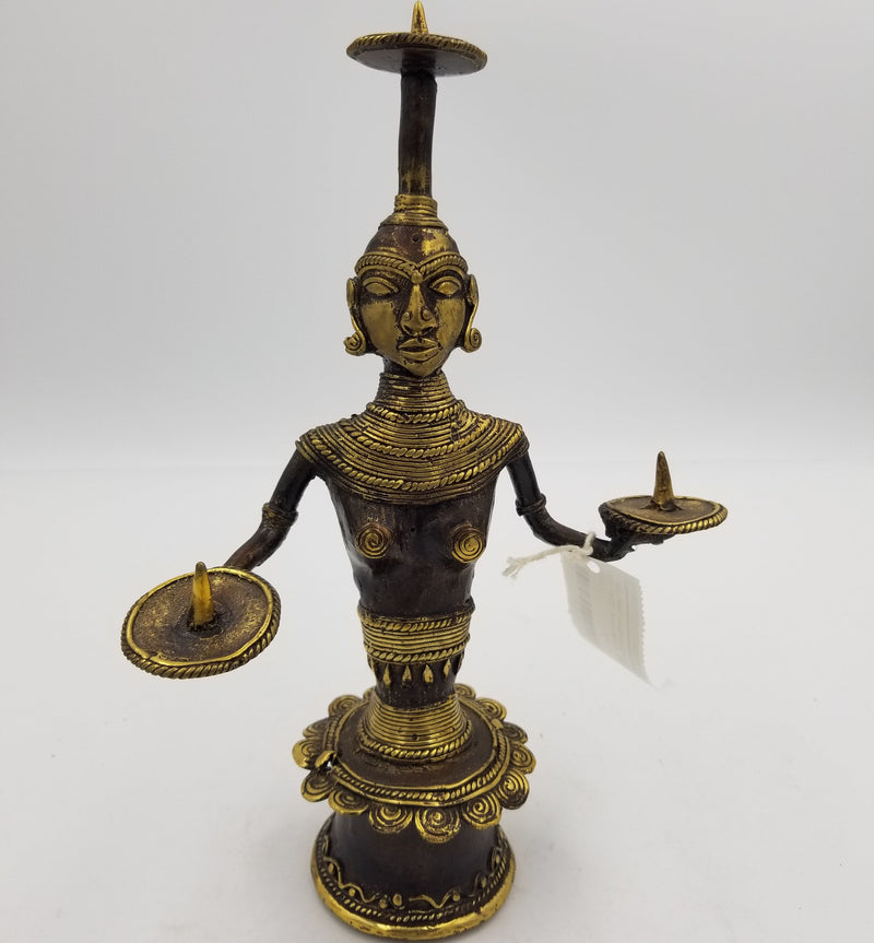 Dhokra Brass Tribal Lady Candle Stand - 22 x 7 x 12 cms