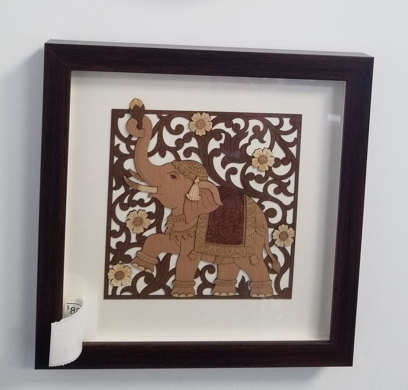 Wooden Marquetry - 10" x 10" - Elephant - Trunk up