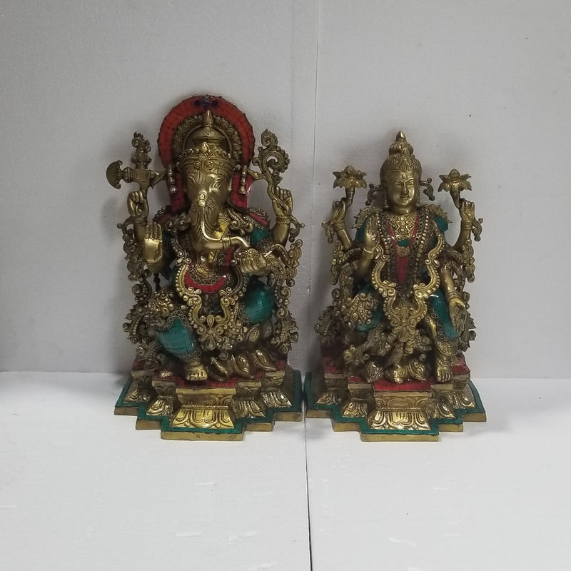 20"H Solid Brass Ganesh Lakshmi Pair - Stonework
