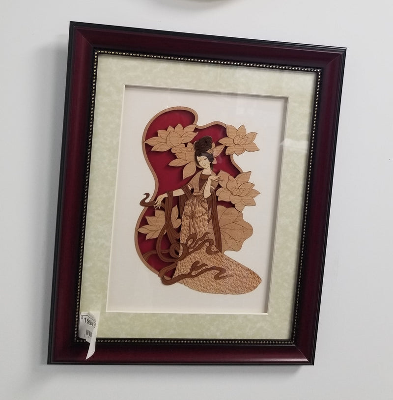 Wooden Marquetry - 13" x 16" - Girl Standing with Lotus
