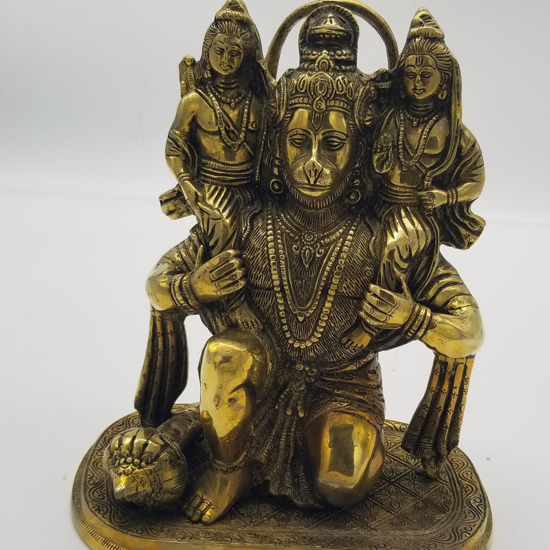12" Solid Brass Hanuman carrying Ram and Lakshman