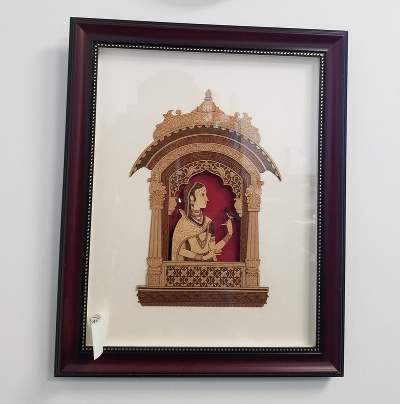 Wooden Marquetry - 13" x 16" - Jarokha Lady with Bird