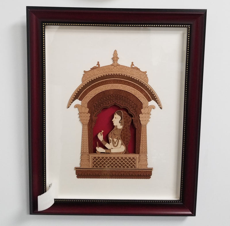 Wooden Marquetry - 13" x 16" - Jarokha Lady with Flower