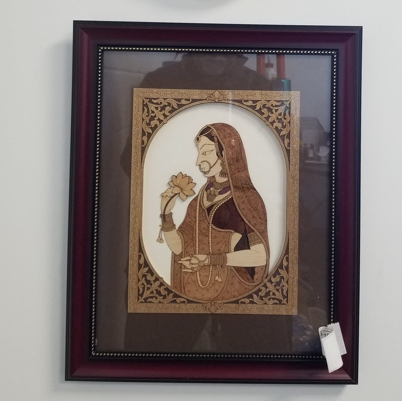 Wooden Marquetry - 13" x 16" - Lady with Lotus