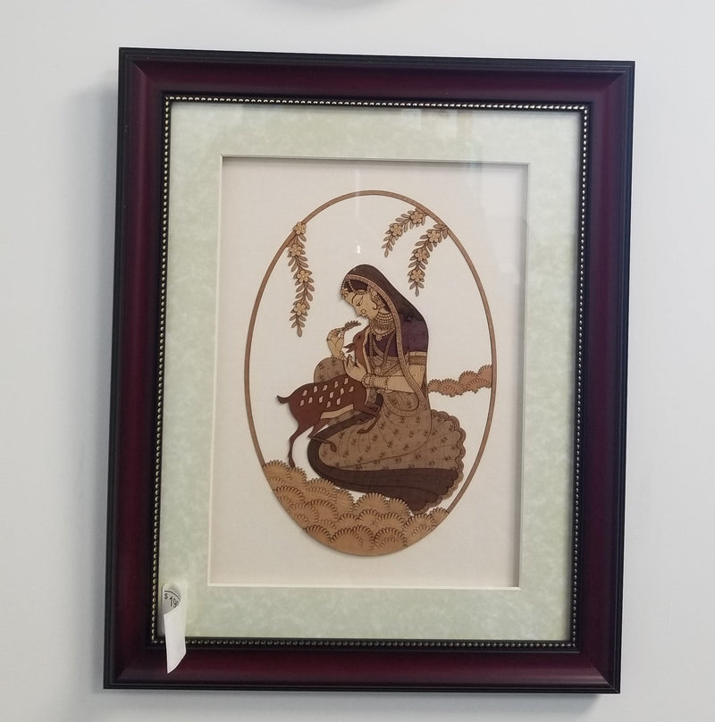 Wooden Marquetry - 13" x 16" - Lady with Deer