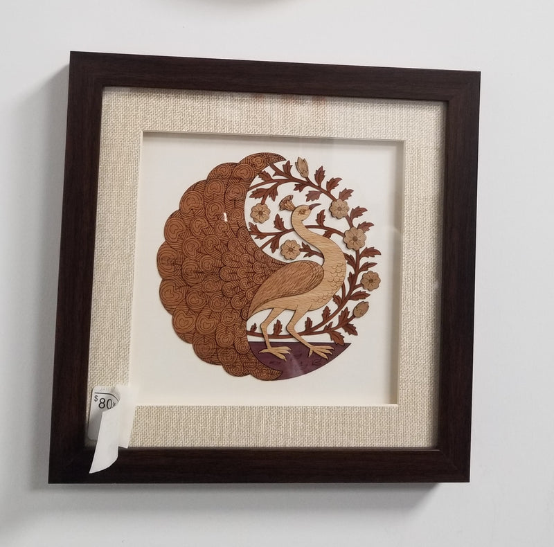 Wooden Marquetry - 10" x 10" - Round Peacock
