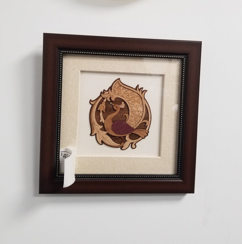 Wooden Marquetry - 8" x 8" - Peacock Design