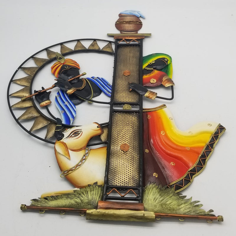 24" H Wrought Iron Radhakrishna standing besides a Pillar