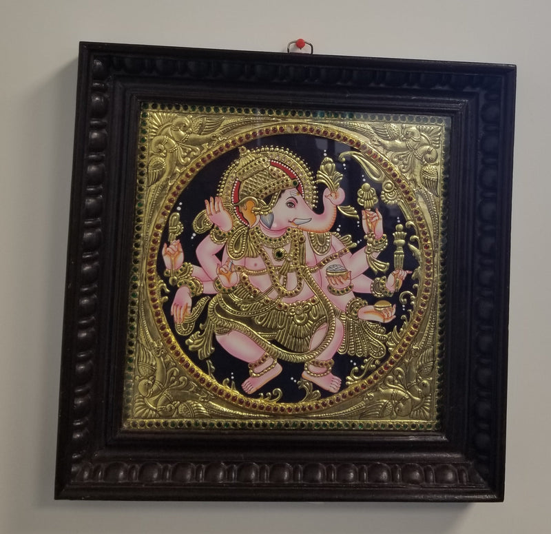 12" x 12" Ananada Ganapathy Tanjore Painting with Gold Foil