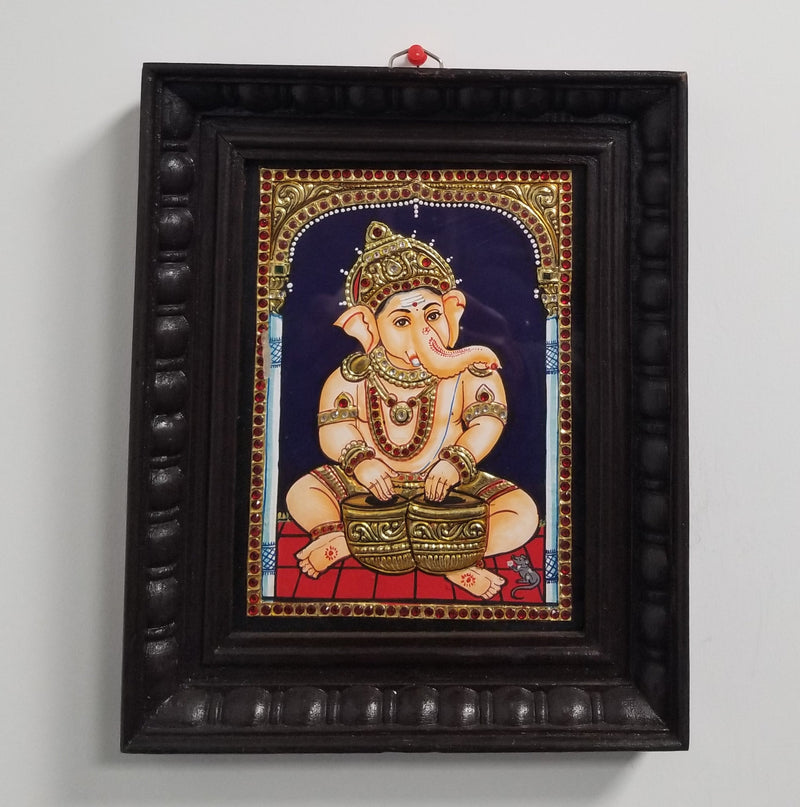 8” x 6” Tabla Ganesh Tanjore Painting with real gold foil