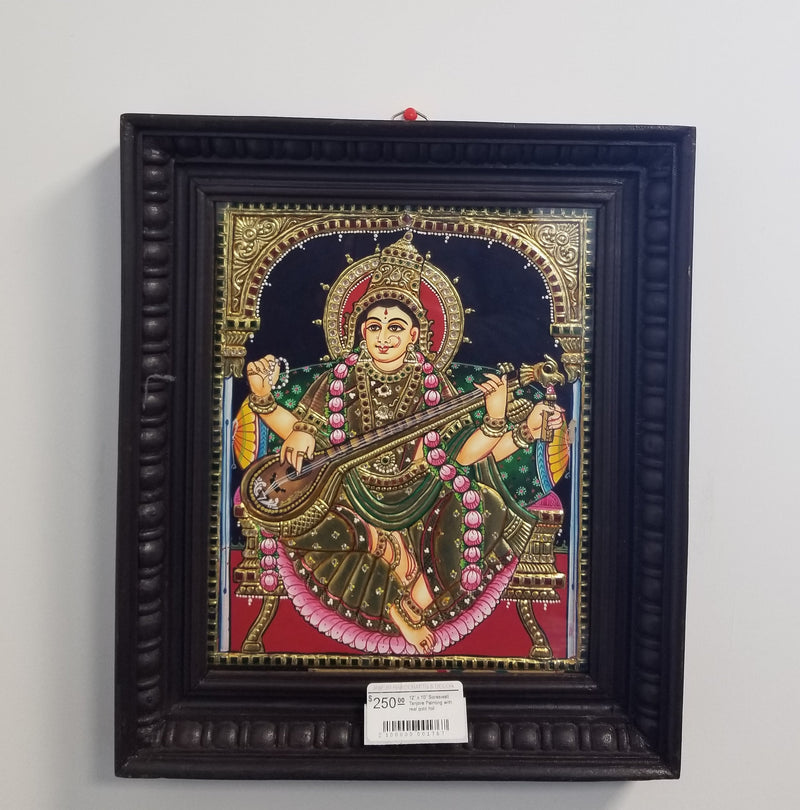 12” x 10” Saraswati Tanjore Painting with real gold foil