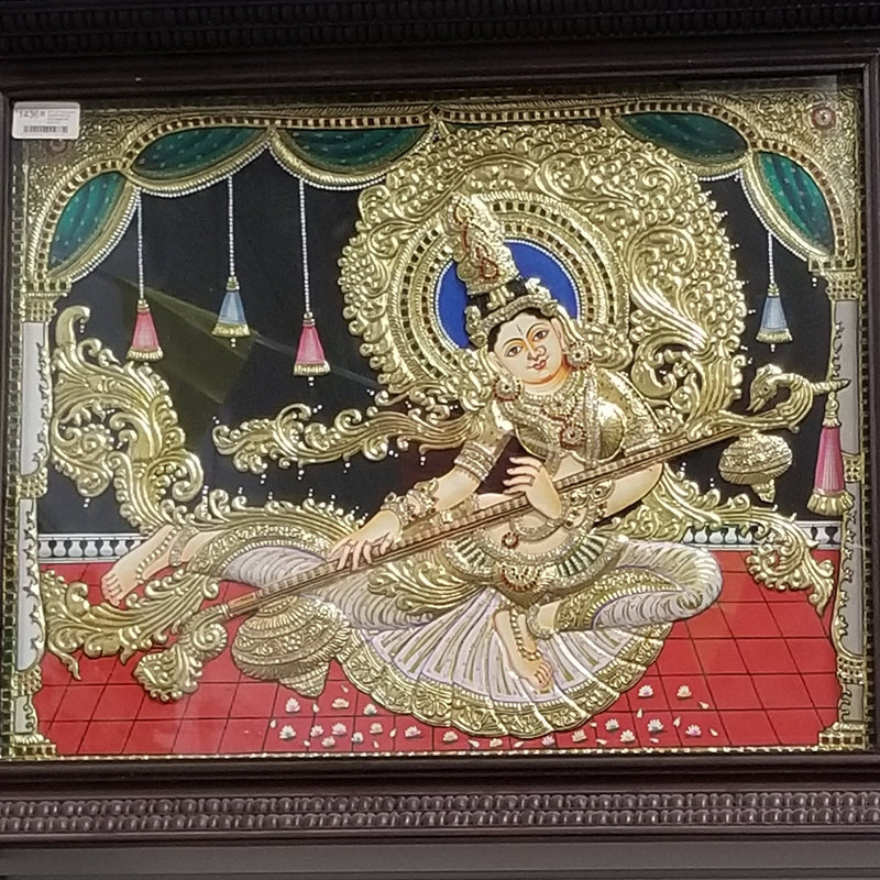 30" x 24" Saraswati Tanjore Painting Embossed with Gold Foil