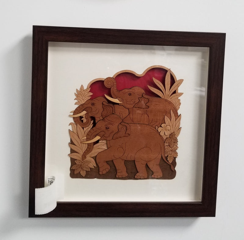 Wooden Marquetry - 10" x 10" - Three Elephant