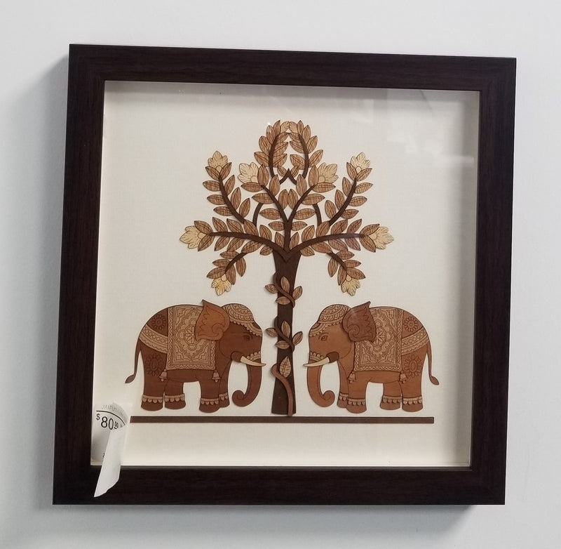 Wooden Marquetry - 10" x 10" - Two Elephant