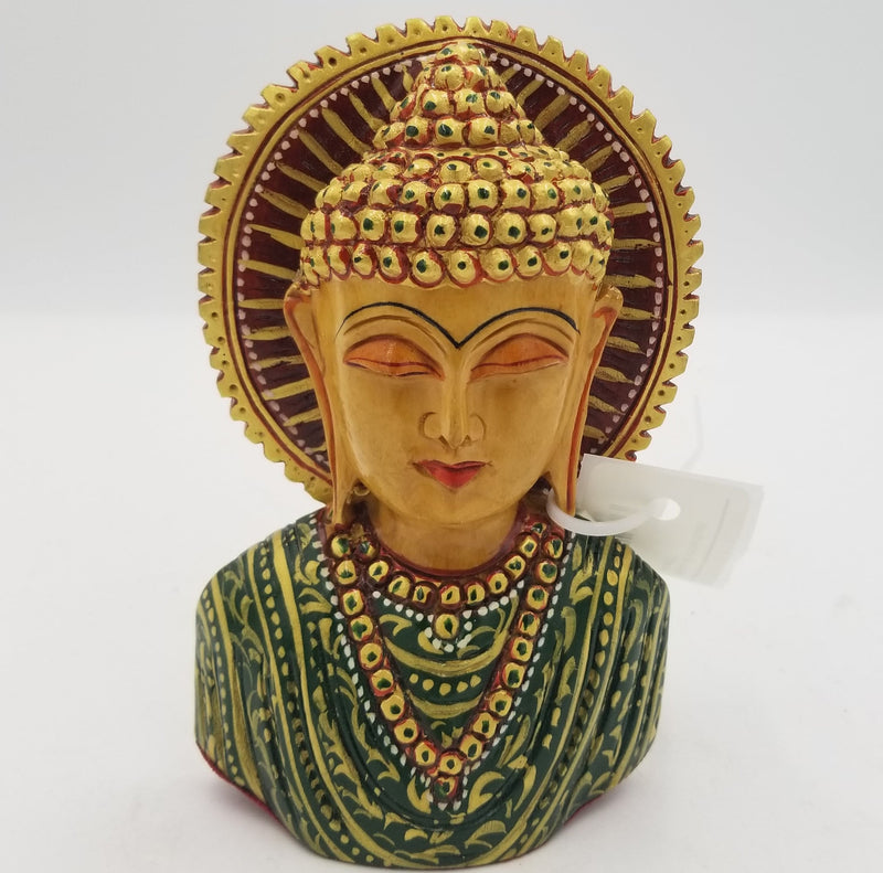 Wooden Buddha Bust Painted 6"