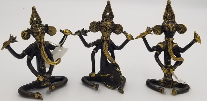 Dhokra Brass Musician Ganesh Set of 3 - 15 x 7 x 7 cms