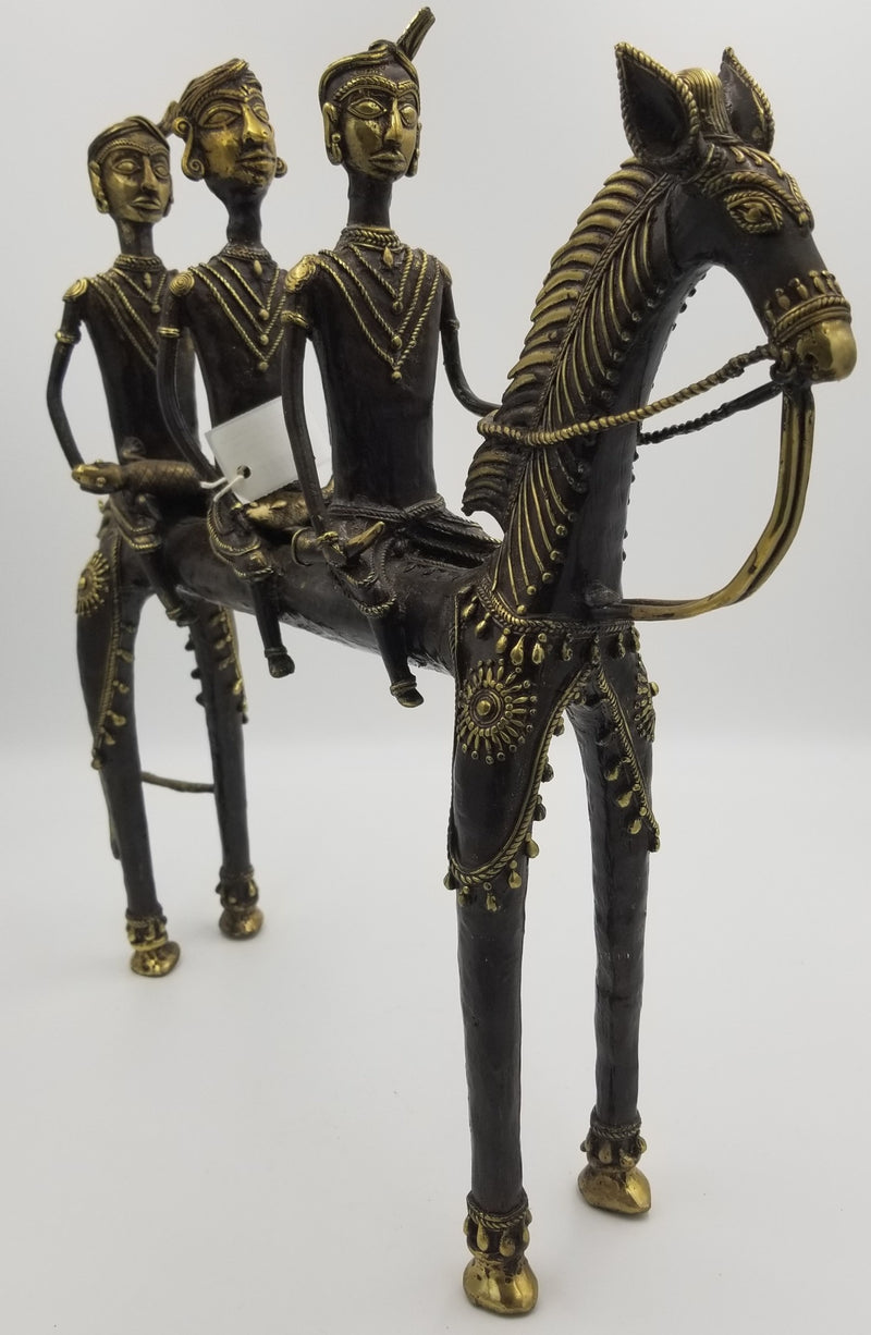 Dhokra Brass Horse Man with 3 riders - 48 x 40 x 10 cms